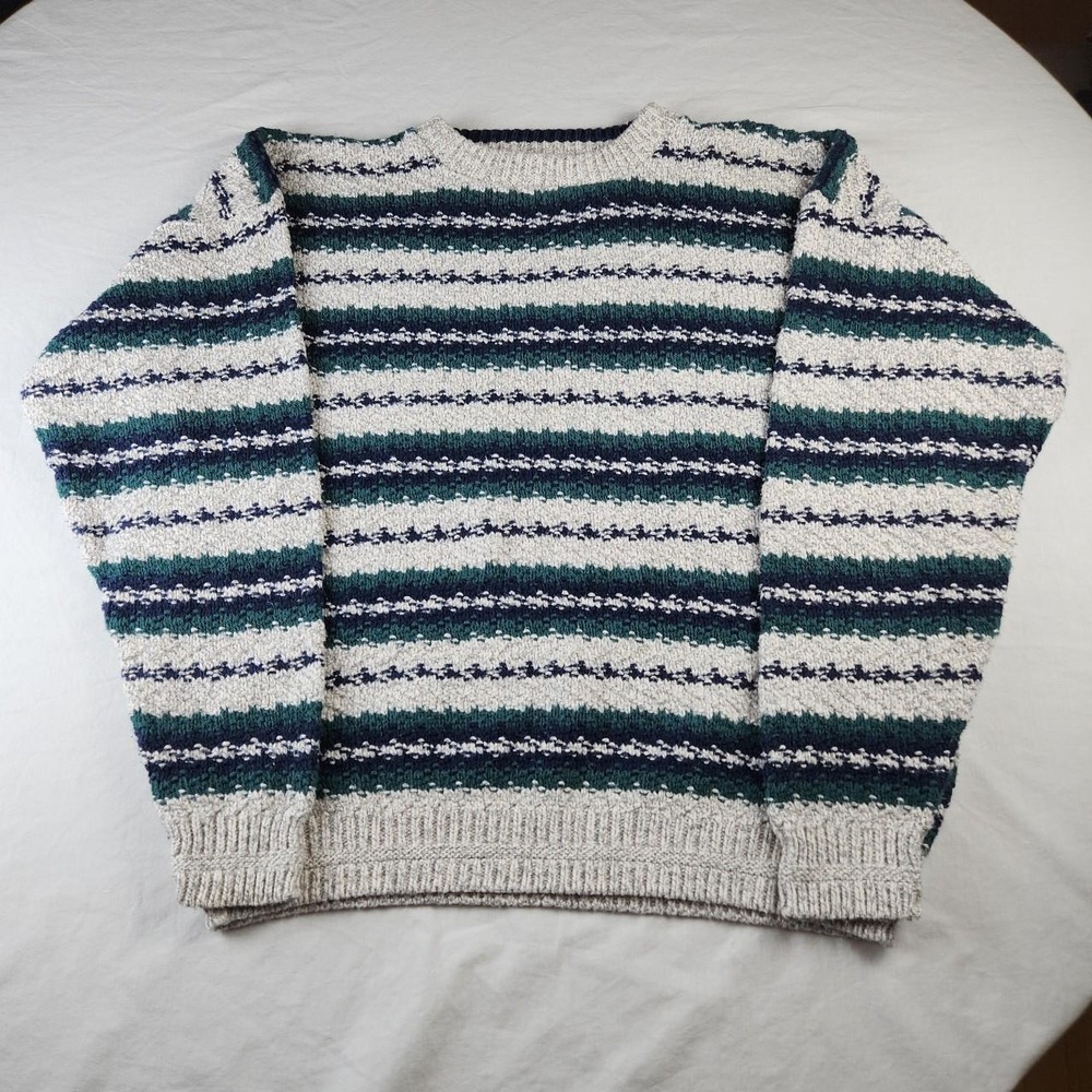 Kenneth Roberts Mens Vintage Green White Striped Fuzzy Cotton Sweater XL 90s USA